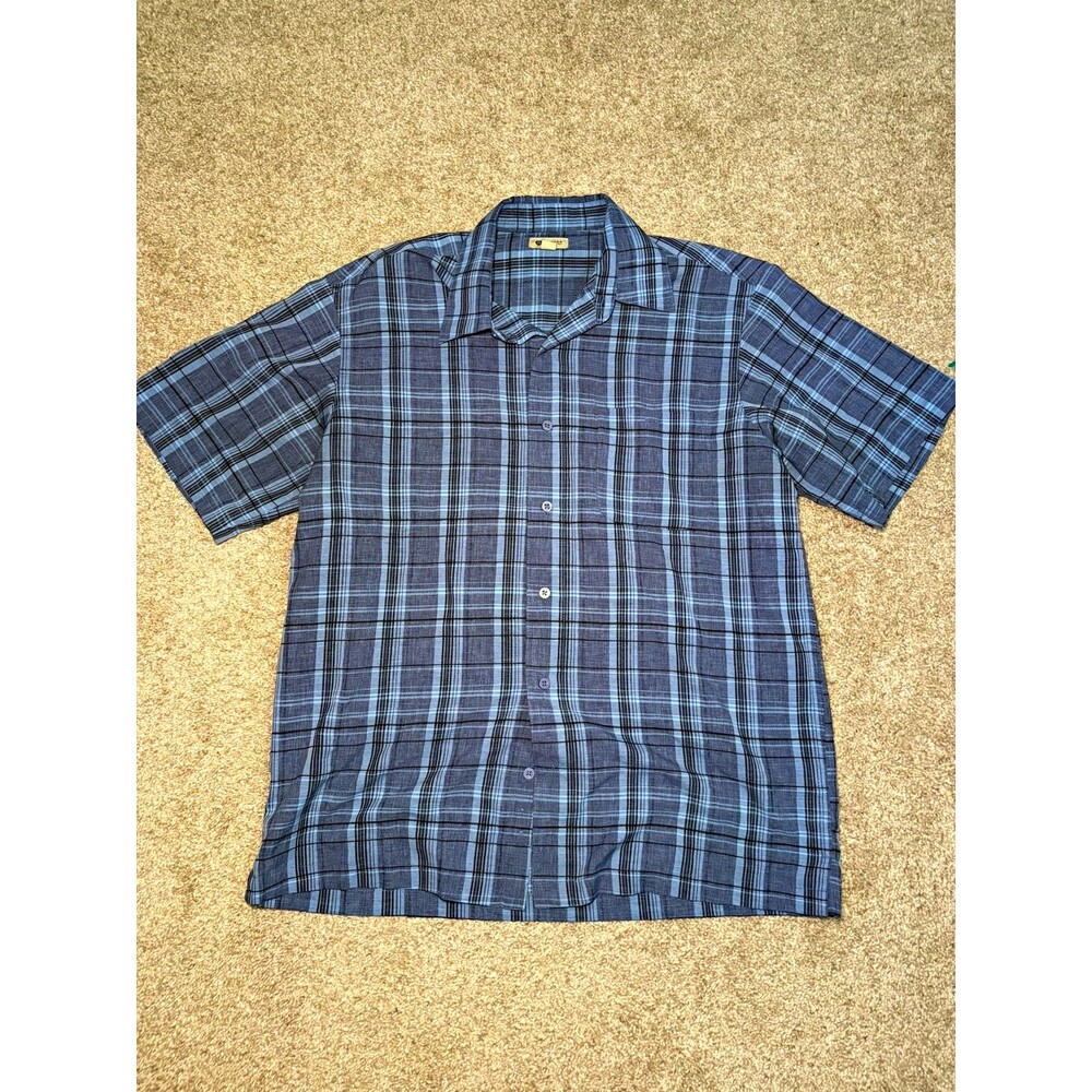 Haggar Men’s Blue/Gray Plaid Short Sleeve Button-Up Shirt, Point Collar M